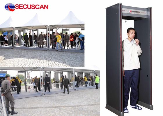 Paseo del equipo de la seguridad del hotel a través de la puerta del detector de metales con el control remoto